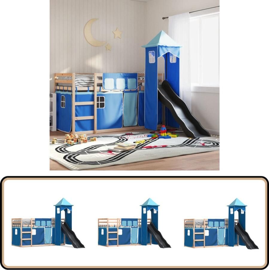 VidaXL Stapelbed met glijbaan en gordijnen blauw 80x200 cm