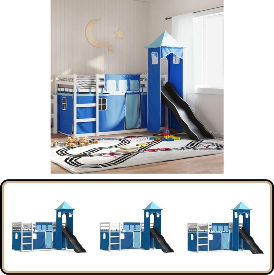 VidaXL Stapelbed met glijbaan en gordijnen blauw 80x200 cm