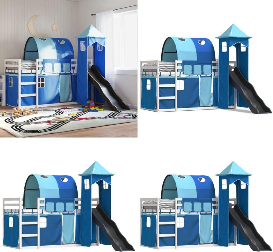 VidaXL Stapelbed met glijbaan en gordijnen blauw 80x200 cm Stapelbed Stapelbedden Bedframe Kinderbedframe