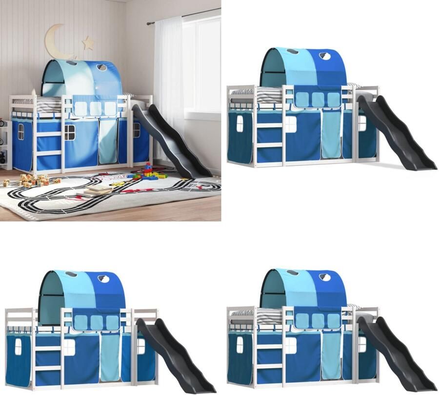 VidaXL Stapelbed met glijbaan en gordijnen blauw 80x200 cm Stapelbed Stapelbedden Bedframe Kinderbedframe