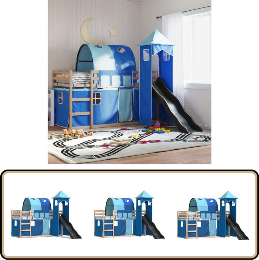 VidaXL Stapelbed met glijbaan en gordijnen blauw 90x190 cm
