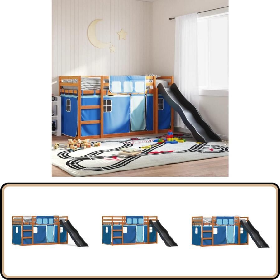 VidaXL Stapelbed met glijbaan en gordijnen blauw 90x190 cm