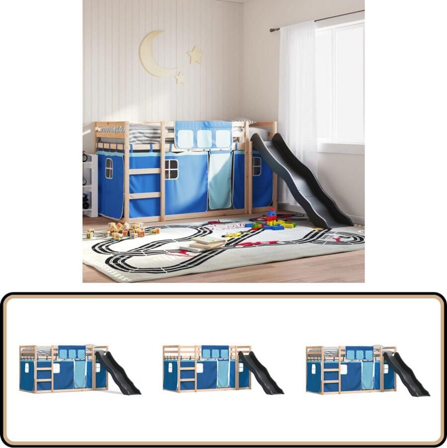 VidaXL Stapelbed met glijbaan en gordijnen blauw 90x190 cm