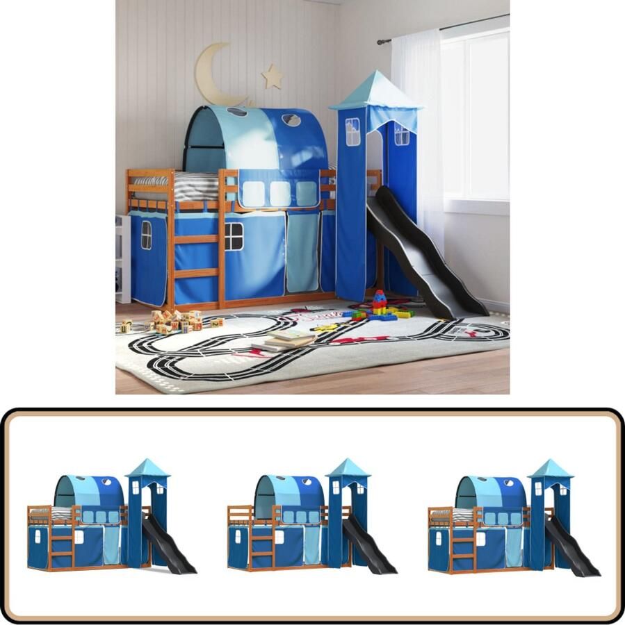 VidaXL Stapelbed met glijbaan en gordijnen blauw 90x200 cm