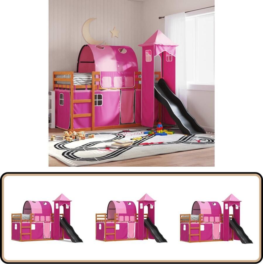 VidaXL Stapelbed met glijbaan en gordijnen roze 80x200 cm