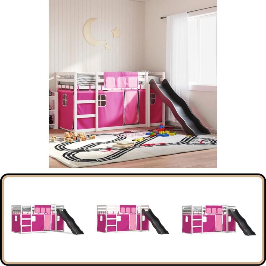 VidaXL Stapelbed met glijbaan en gordijnen roze 80x200 cm