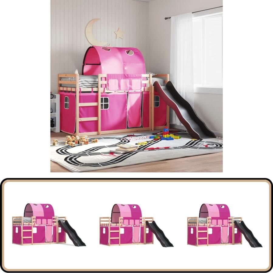 VidaXL Stapelbed met glijbaan en gordijnen roze 80x200 cm