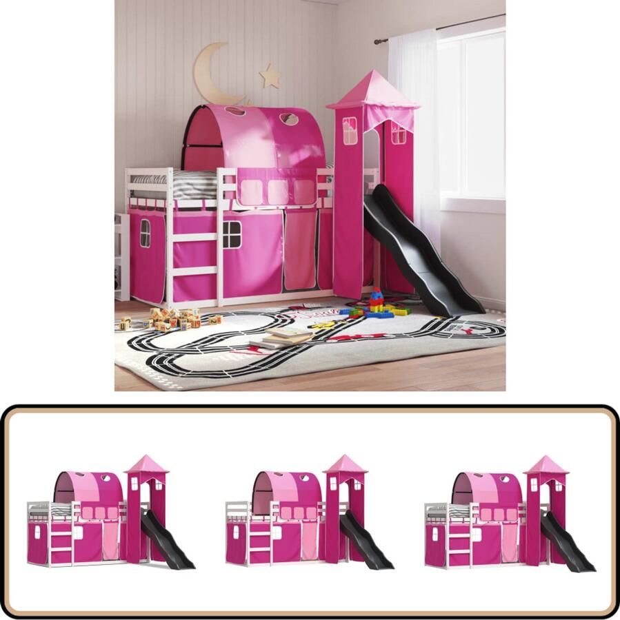 VidaXL Stapelbed met glijbaan en gordijnen roze 90x190 cm
