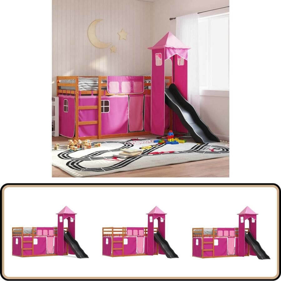 VidaXL Stapelbed met glijbaan en gordijnen roze 90x190 cm