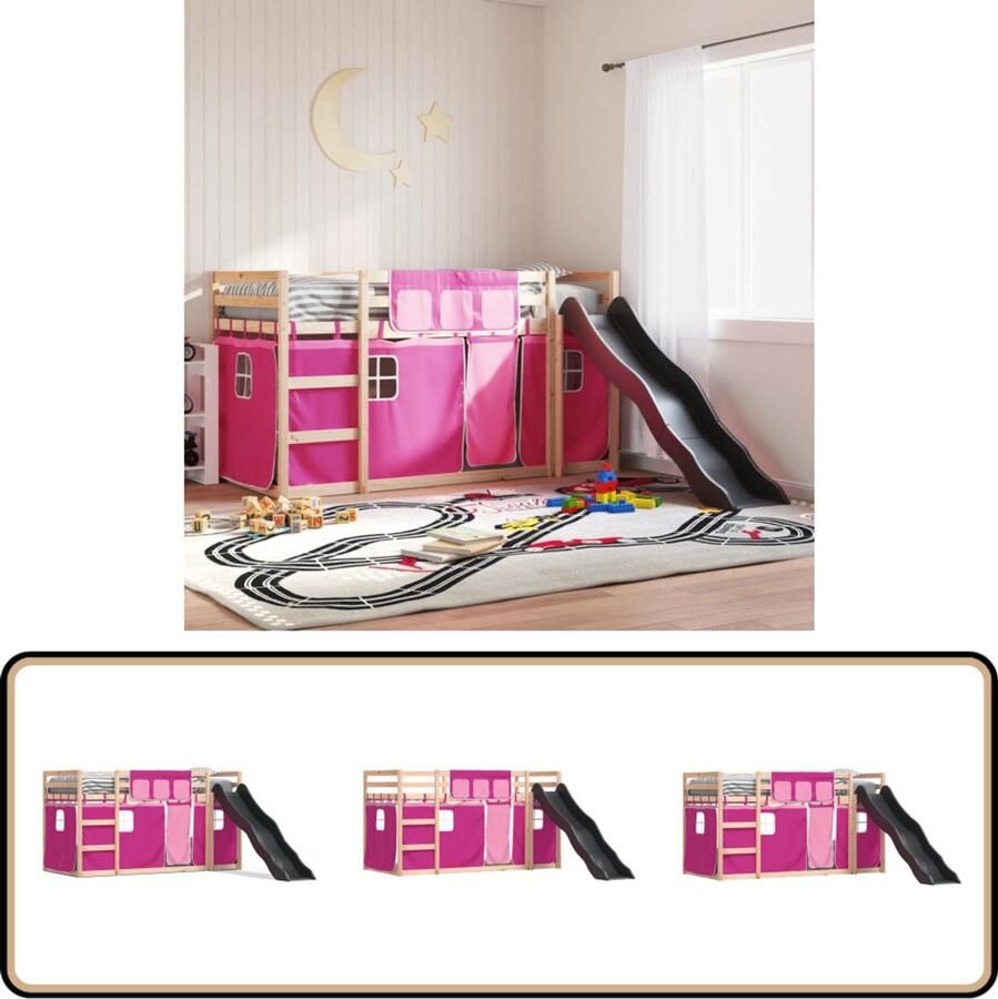 VidaXL Stapelbed met glijbaan en gordijnen roze 90x190 cm