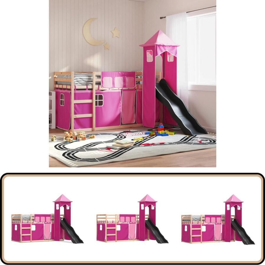 VidaXL Stapelbed met glijbaan en gordijnen roze 90x190 cm