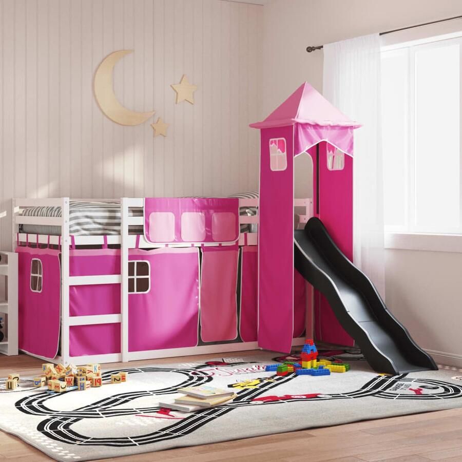 VidaXL Stapelbed met Glijbaan en Gordijnen Roze Stapelbed Houten Bed Kids Bed Tweepersoonsbed Meisjesbed Pink Bed Kinderkamerinrichting Rozenkleurig Bed Bunk Bed - Foto 2
