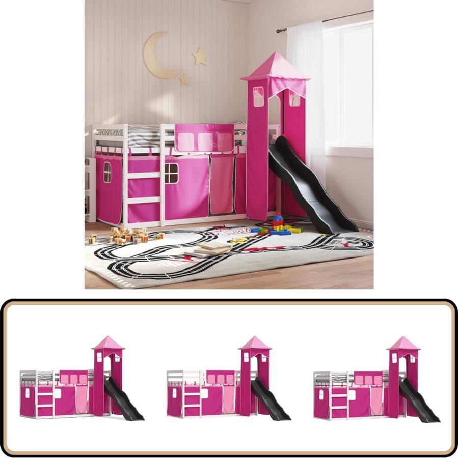 VidaXL Stapelbed met Glijbaan en Gordijnen Roze Stapelbed Houten Bed Kids Bed Tweepersoonsbed Meisjesbed Pink Bed Kinderkamerinrichting Rozenkleurig Bed Bunk Bed