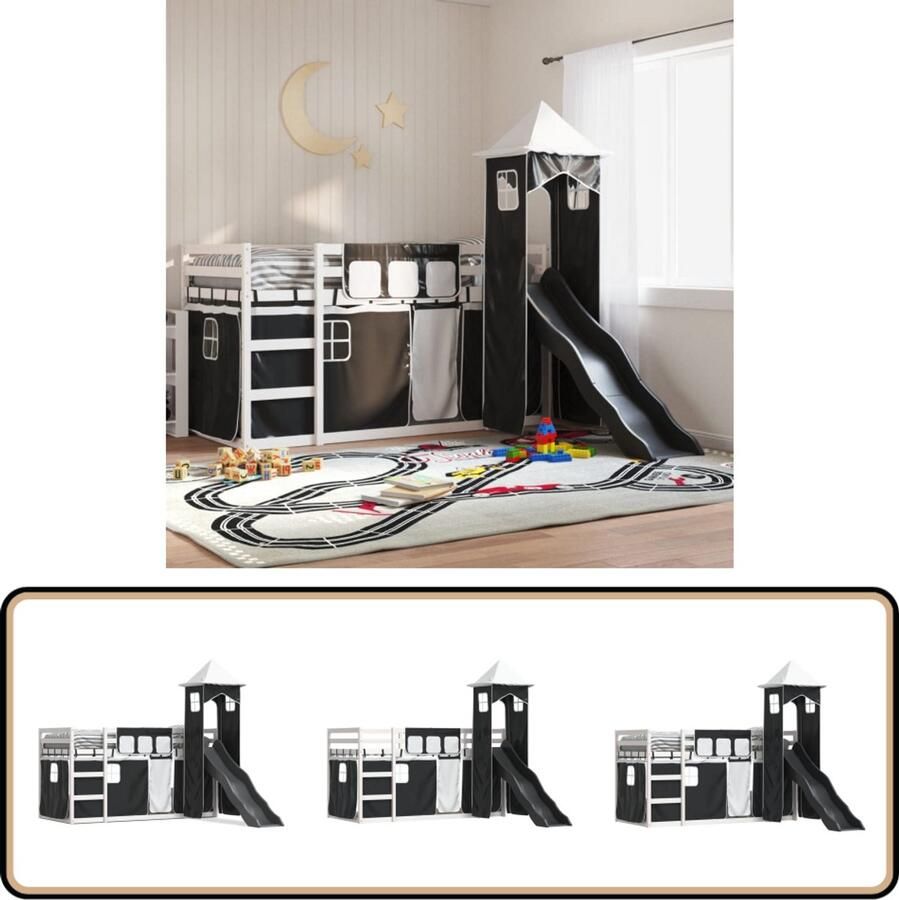 VidaXL Stapelbed met glijbaan en gordijnen wit en zwart 80x200 cm