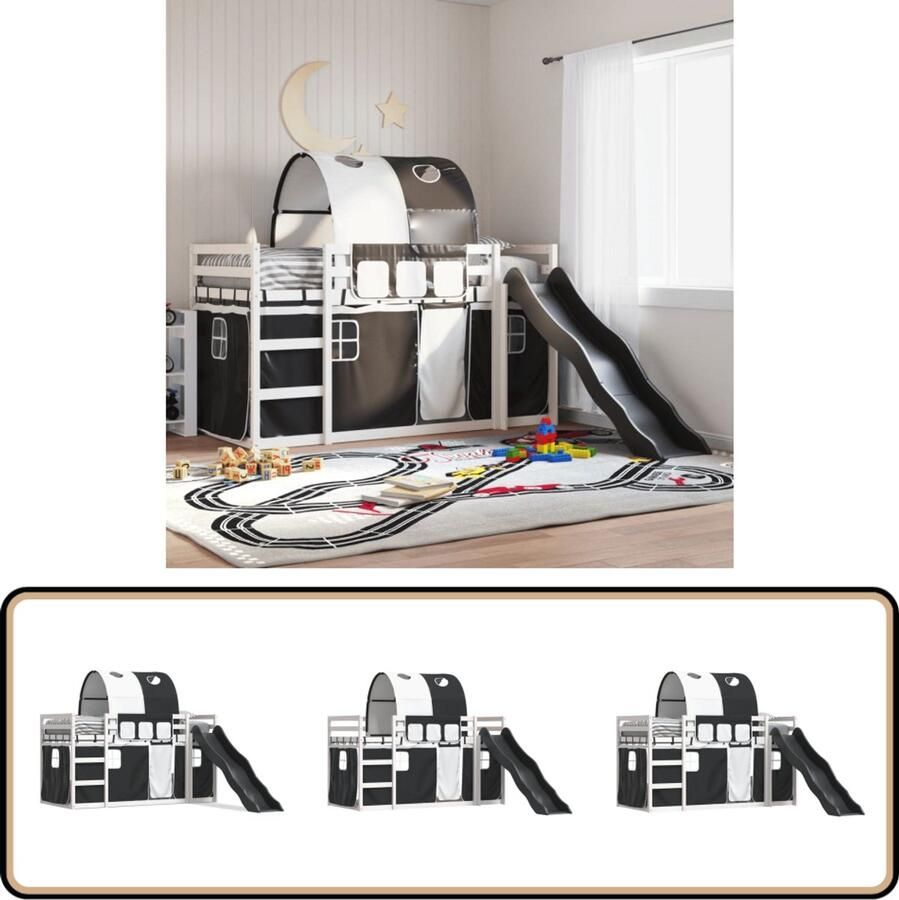 VidaXL Stapelbed met glijbaan en gordijnen wit en zwart 80x200 cm