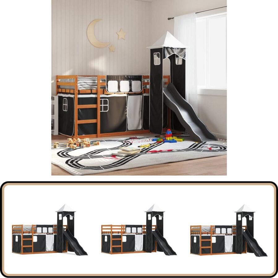 VidaXL Stapelbed met glijbaan en gordijnen wit en zwart 80x200 cm