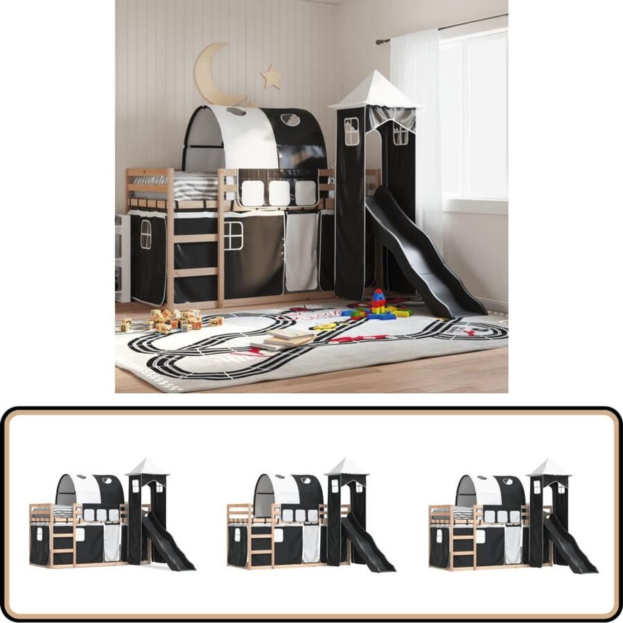VidaXL Stapelbed met glijbaan en gordijnen wit en zwart 80x200 cm
