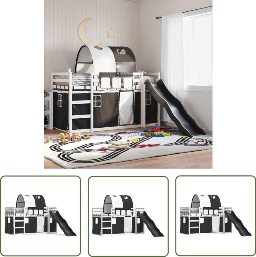 VidaXL Stapelbed met glijbaan en gordijnen wit en zwart 80x200 cm Stapelbed Kidsbed Houten Bed Jongensbed Meisjesbed