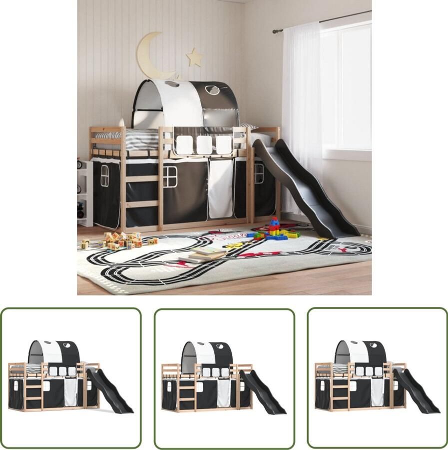 VidaXL Stapelbed met glijbaan en gordijnen wit en zwart 80x200 cm Stapelbed Kinderbed Houten Bed Bunkbed Kids Furniture