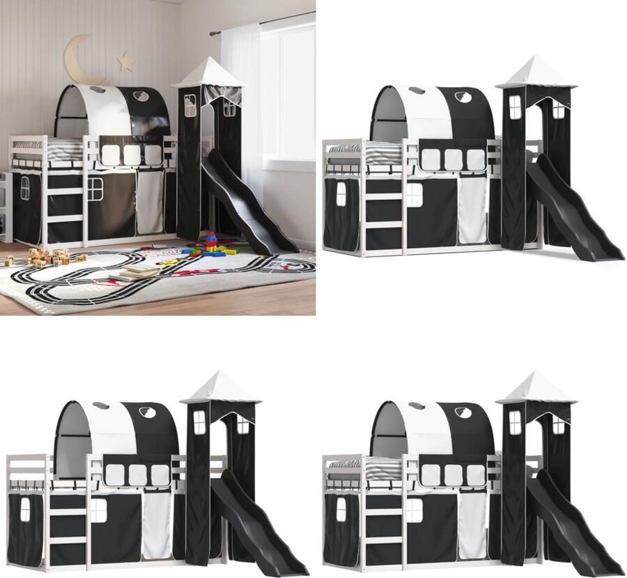 VidaXL Stapelbed met glijbaan en gordijnen wit en zwart 80x200 cm Stapelbed Stapelbedden Bedframe Kinderbedframe