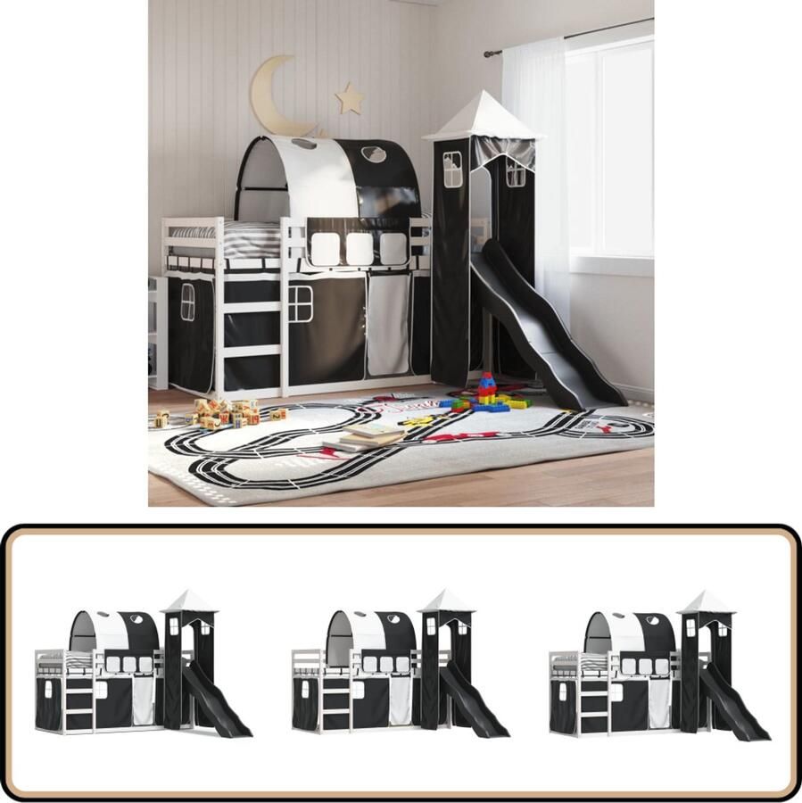 VidaXL Stapelbed met glijbaan en gordijnen wit en zwart 90x190 cm
