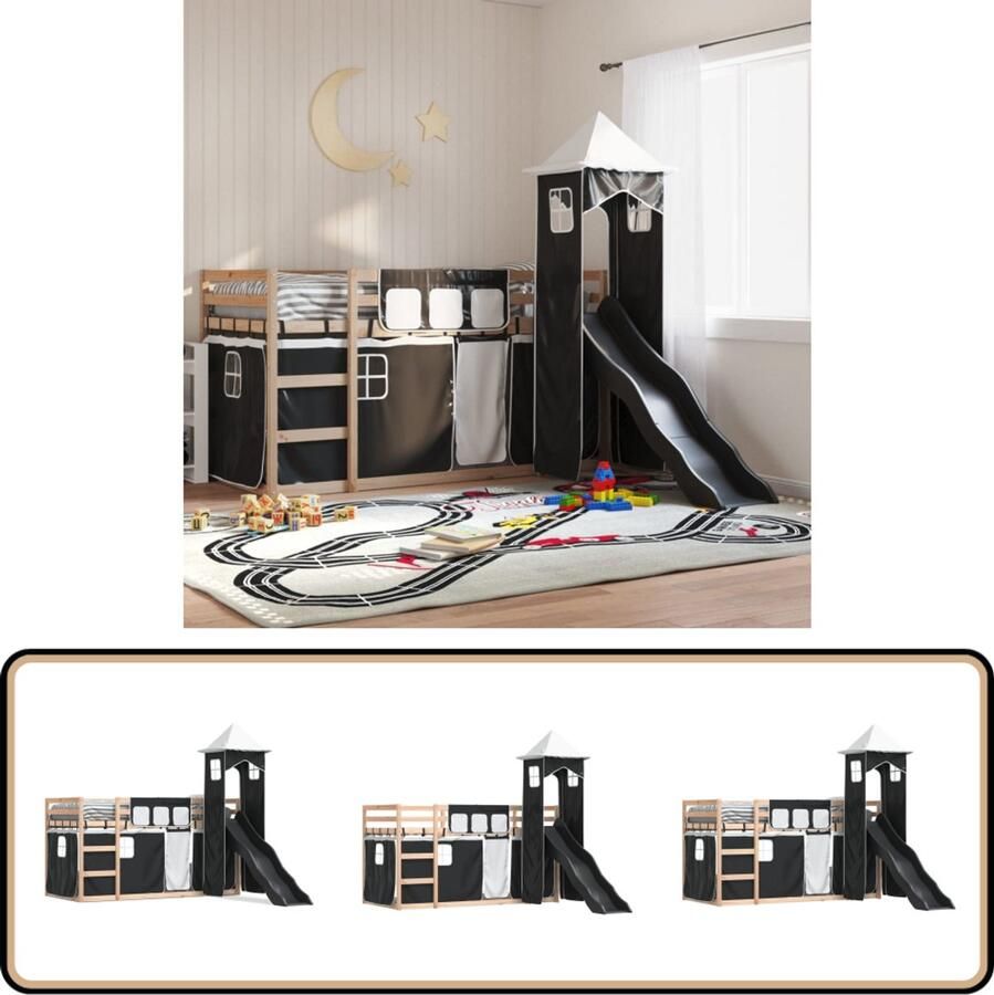 VidaXL Stapelbed met glijbaan en gordijnen wit en zwart 90x190 cm