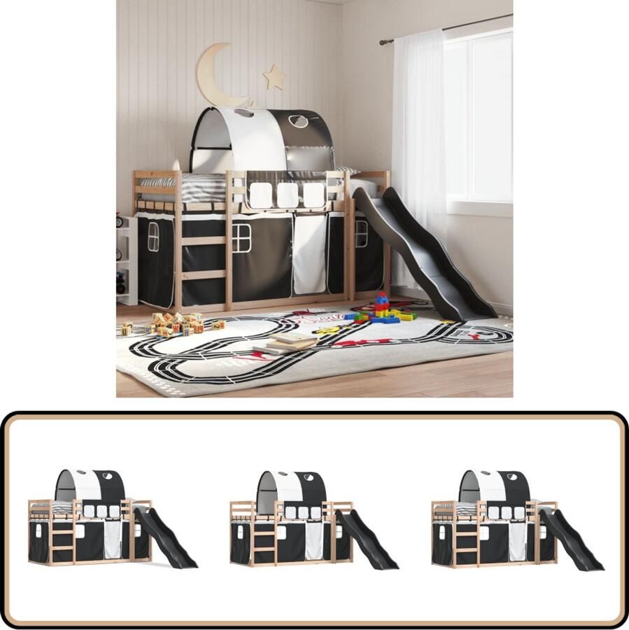 VidaXL Stapelbed met glijbaan en gordijnen wit en zwart 90x190 cm