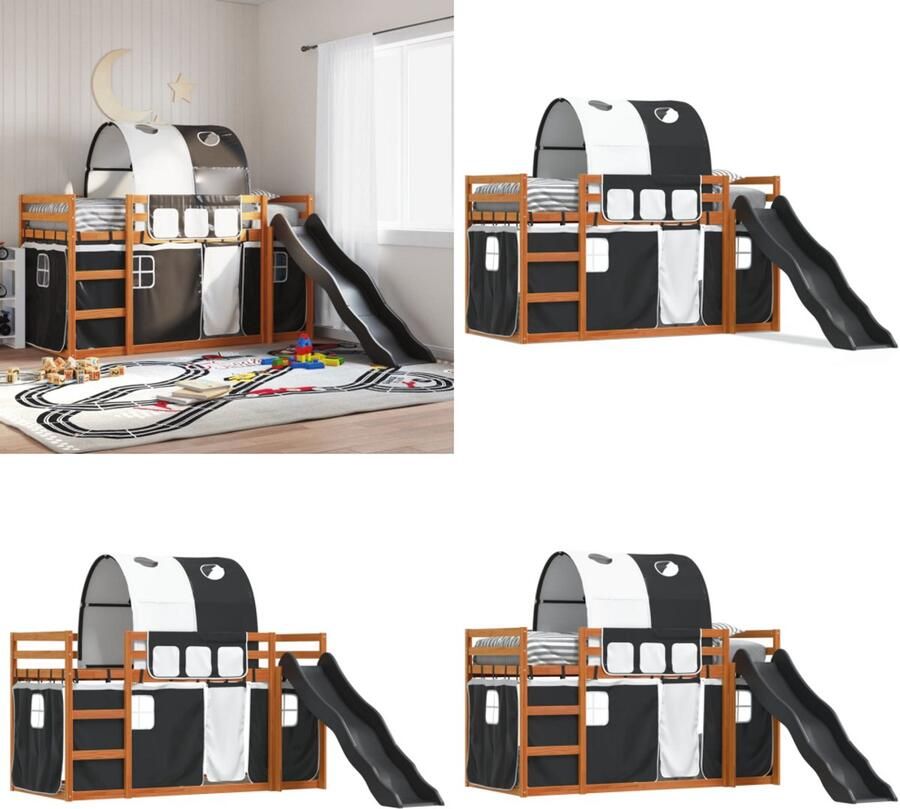 VidaXL Stapelbed met glijbaan en gordijnen wit en zwart 90x190 cm Stapelbed Stapelbedden Bedframe Kinderbedframe
