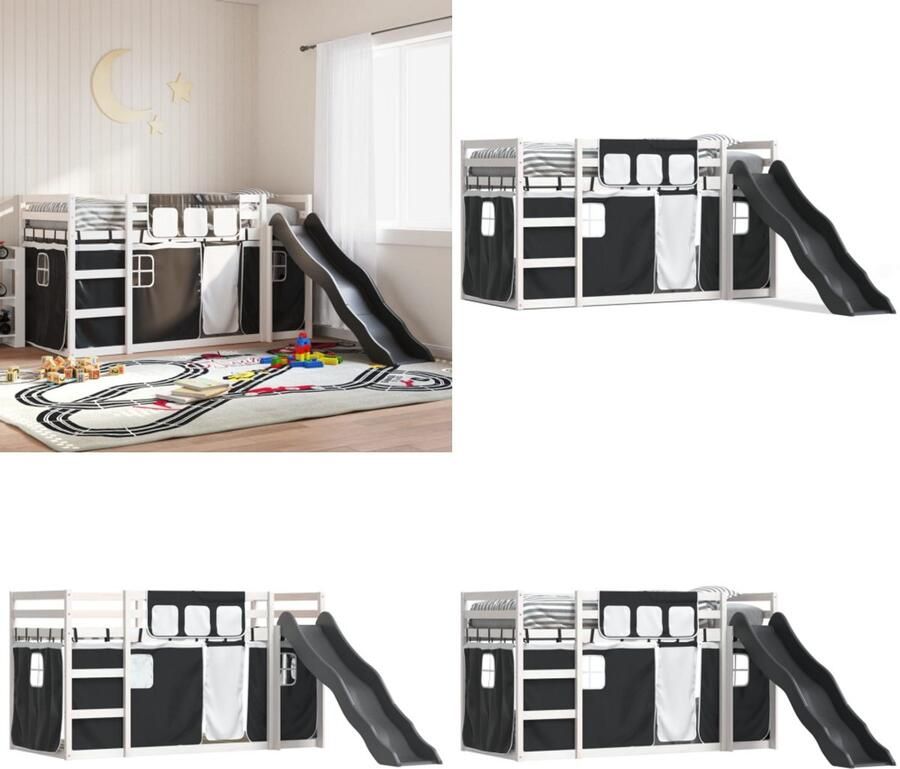 VidaXL Stapelbed met glijbaan en gordijnen wit en zwart 90x190 cm Stapelbed Stapelbedden Bedframe Kinderbedframe - Foto 2