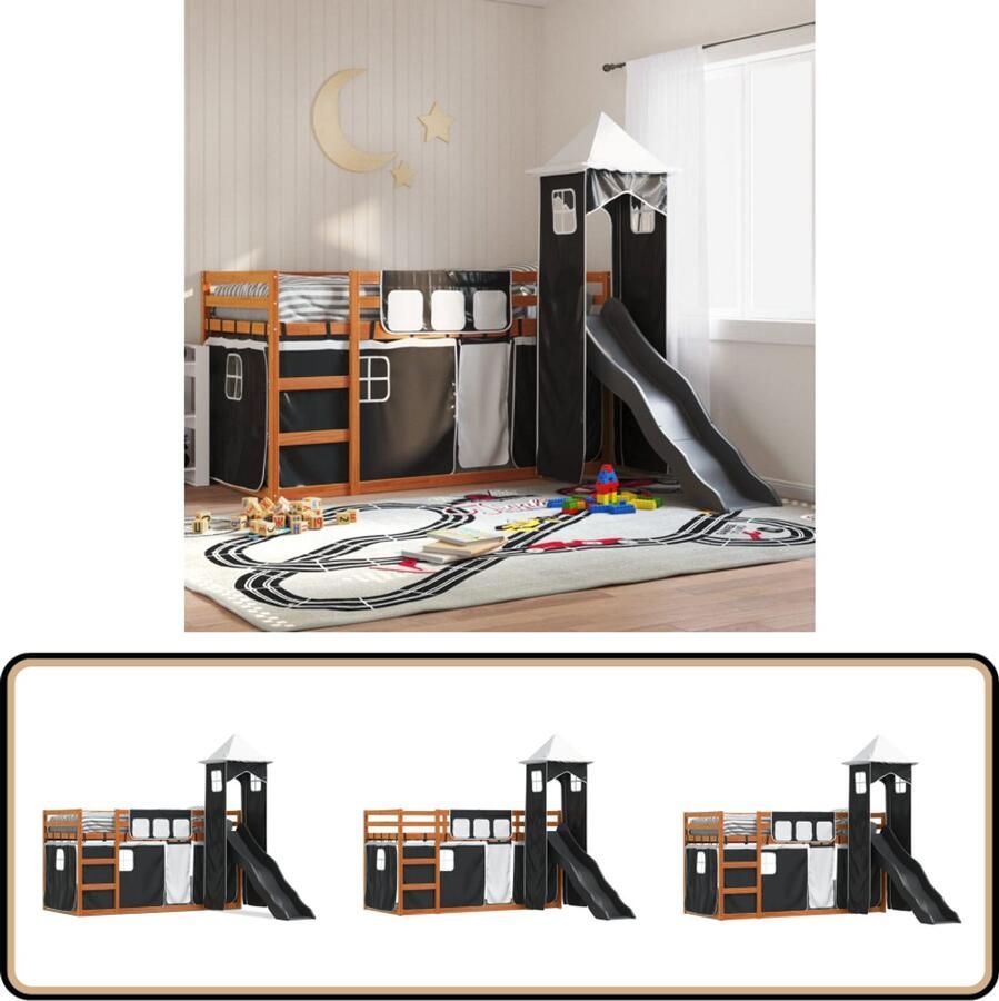 VidaXL Stapelbed met glijbaan en gordijnen wit en zwart 90x200 cm