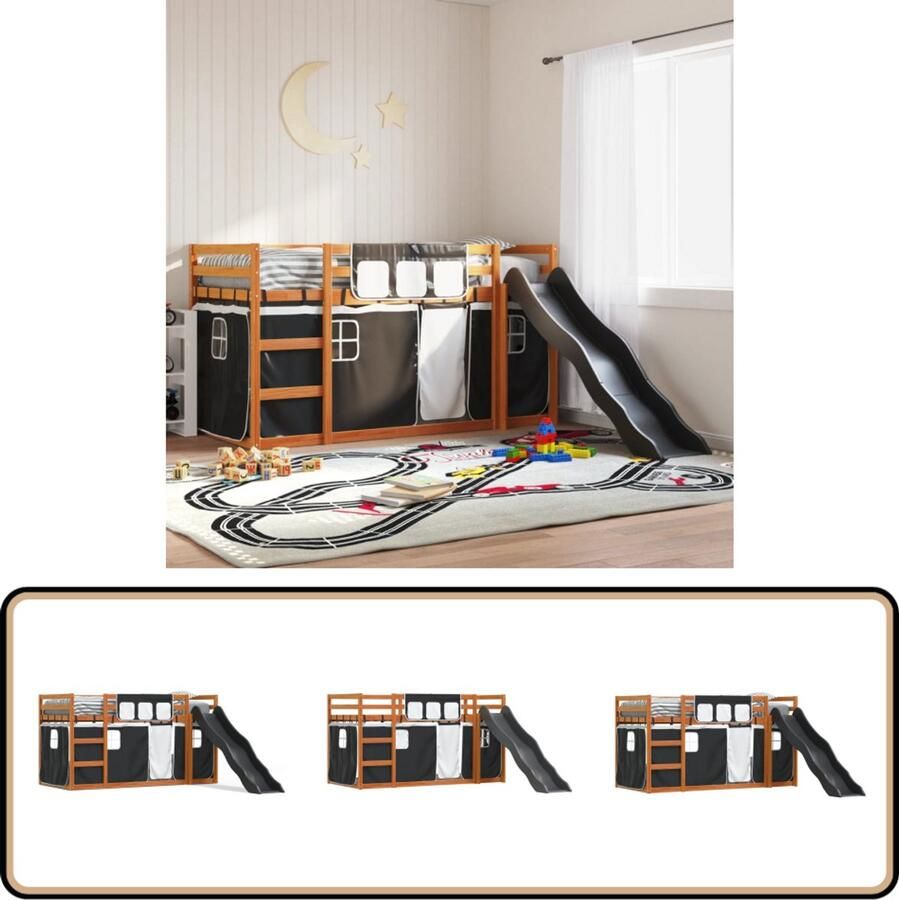 VidaXL Stapelbed met glijbaan en gordijnen wit en zwart 90x200 cm