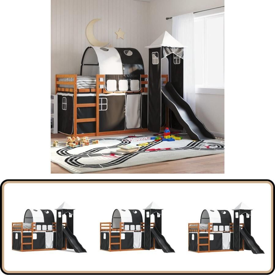 VidaXL Stapelbed met glijbaan en gordijnen wit en zwart 90x200 cm