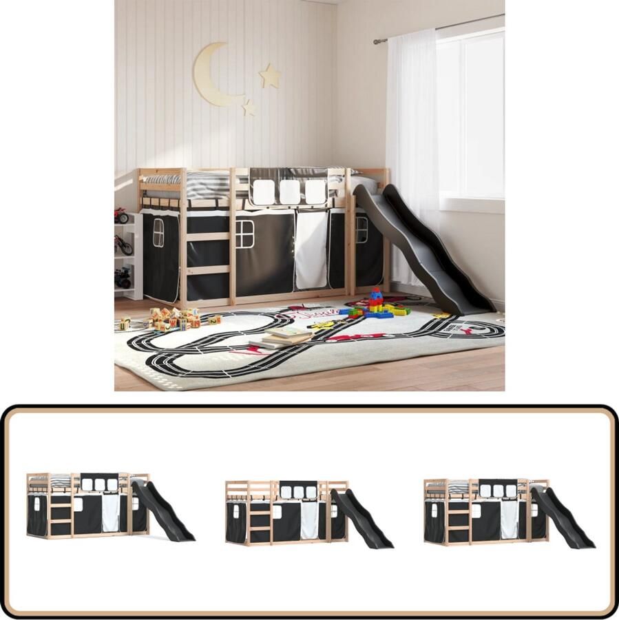 VidaXL Stapelbed met glijbaan en gordijnen Wit Zwart Stapelbed Houten Bed Kids Bed Tweepersoonsbed Bunk Bed Loft Bed Kindermeubilair Kinderkamers