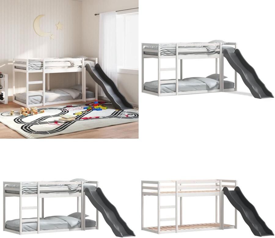 VidaXL Stapelbed met glijbaan en ladder grenenhout wit 90x190 cm Stapelbed Stapelbedden Bedframe Kinderbedframe