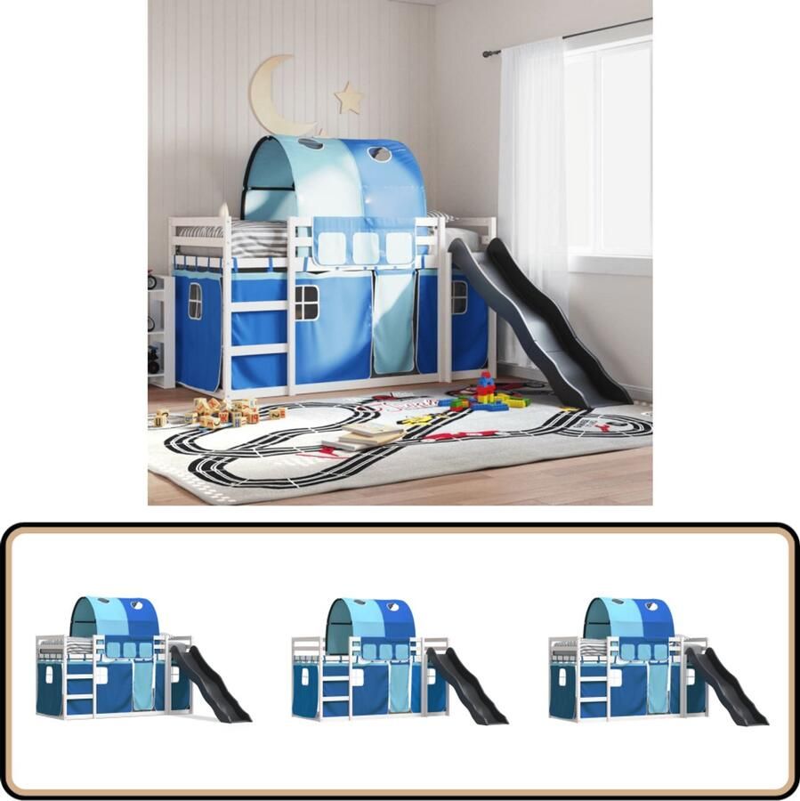 VidaXL Stapelbed met glijbaan Wit Inclusief gordijnen Stapelbed Kinderbed Bunkbed Houten Bed Grenenhouten Bed