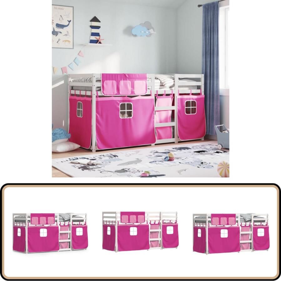 VidaXL Stapelbed met gordijnen 75x190 cm grenenhout roze
