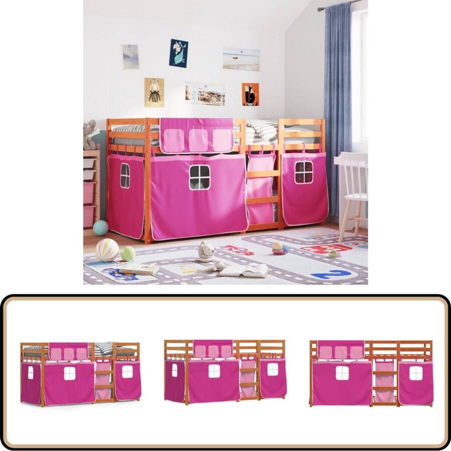 VidaXL Stapelbed met gordijnen 75x190 cm grenenhout roze