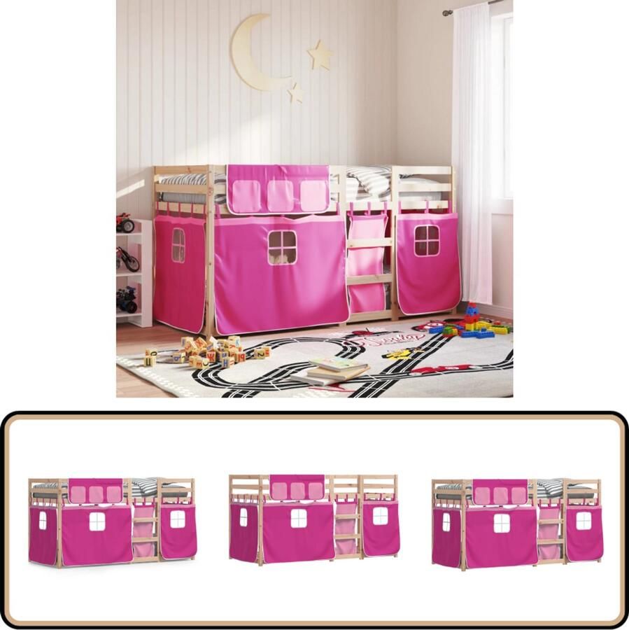 VidaXL Stapelbed met gordijnen 75x190 cm grenenhout roze