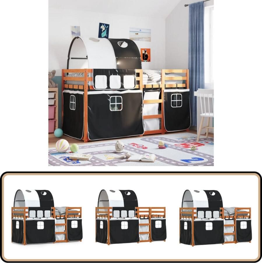 VidaXL Stapelbed met gordijnen 75x190 cm grenenhout wit en zwart
