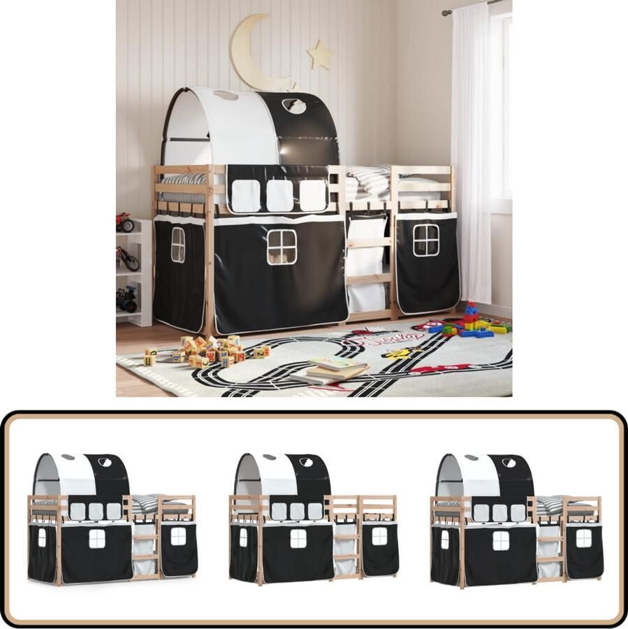 VidaXL Stapelbed met gordijnen 75x190 cm grenenhout wit en zwart