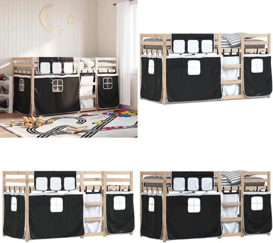 VidaXL Stapelbed met gordijnen 75x190 cm grenenhout wit en zwart Stapelbed Stapelbedden Bedframe Kinderbedframe