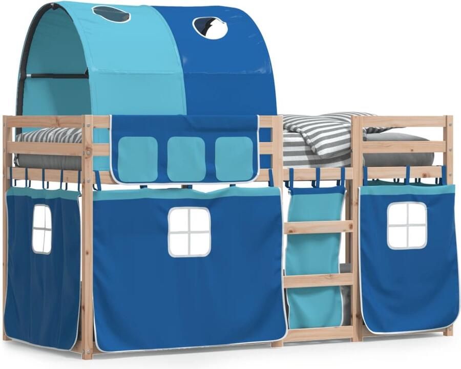 VidaXL Stapelbed met gordijnen 90x200 cm massief grenenhout blauw - Foto 2