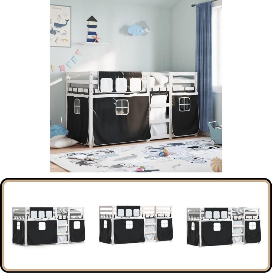 VidaXL Stapelbed met gordijnen 80x200 cm grenenhout wit en zwart