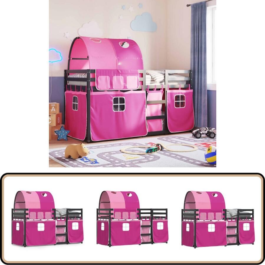 VidaXL Stapelbed met gordijnen 90x190 cm grenenhout roze