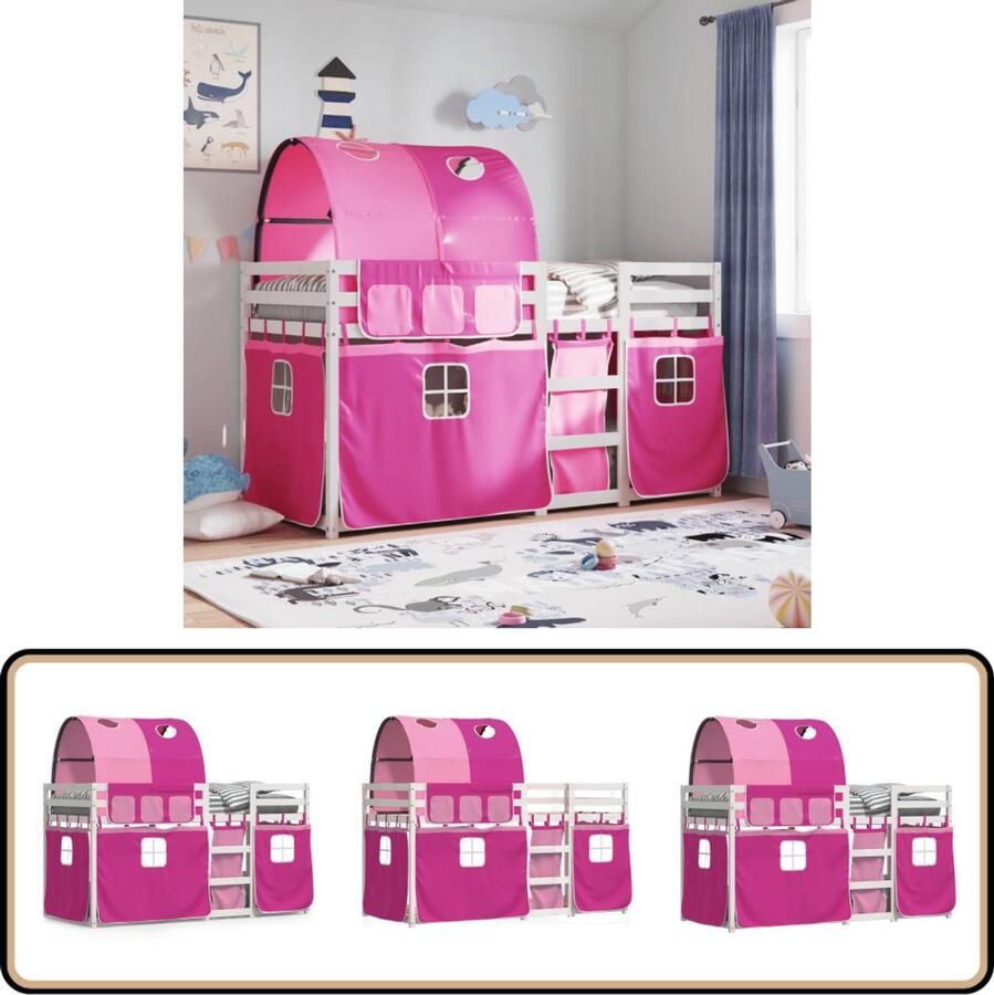 VidaXL Stapelbed met gordijnen 90x190 cm grenenhout roze