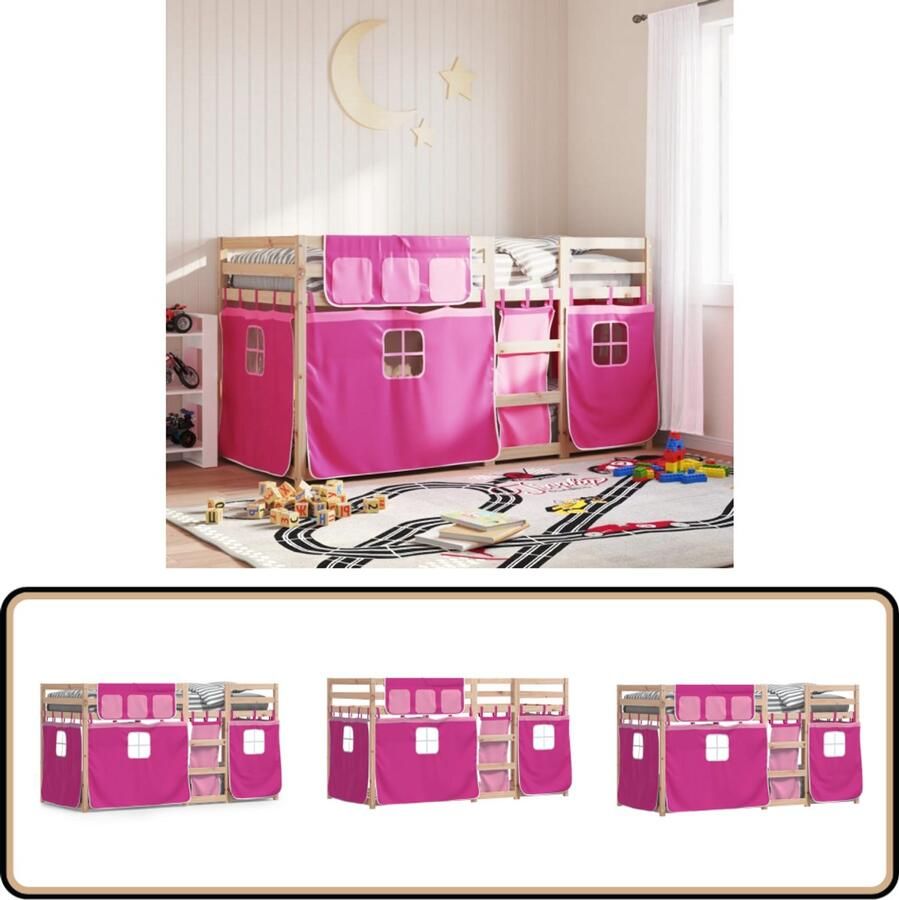 VidaXL Stapelbed met gordijnen 90x190 cm grenenhout roze