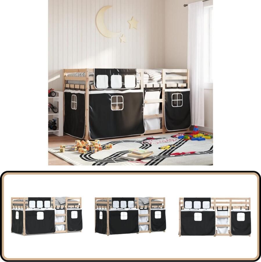 VidaXL Stapelbed met gordijnen 90x190 cm grenenhout wit en zwart