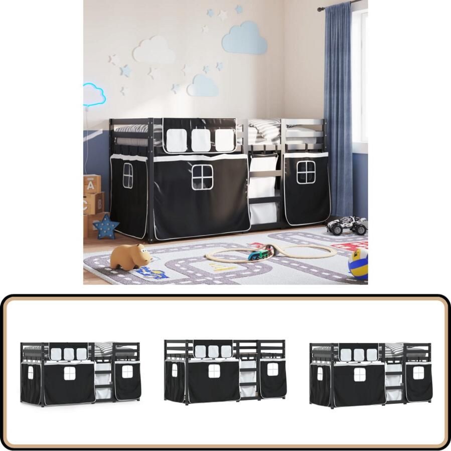 VidaXL Stapelbed met gordijnen 90x190 cm grenenhout wit en zwart