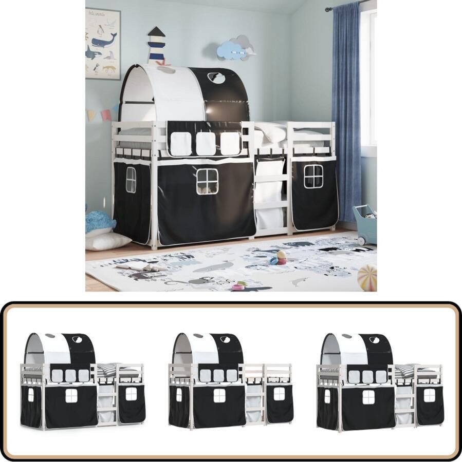 VidaXL Stapelbed met gordijnen 90x190 cm grenenhout wit en zwart