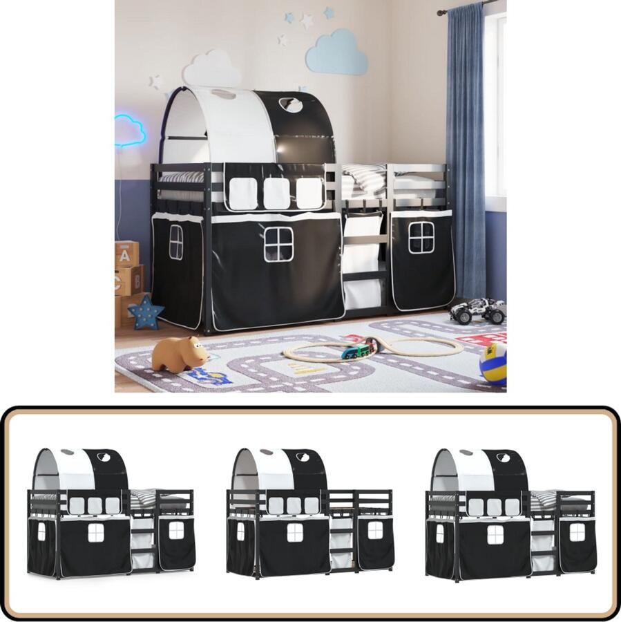 VidaXL Stapelbed met gordijnen 90x190 cm grenenhout wit en zwart